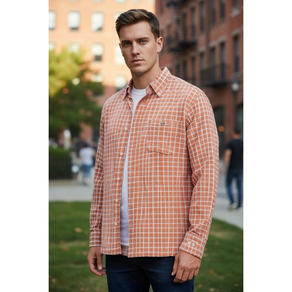 Fish Hippie Mens XL Tailored Fit Plaid Button Down Shirt Orange‎ Cotton LS